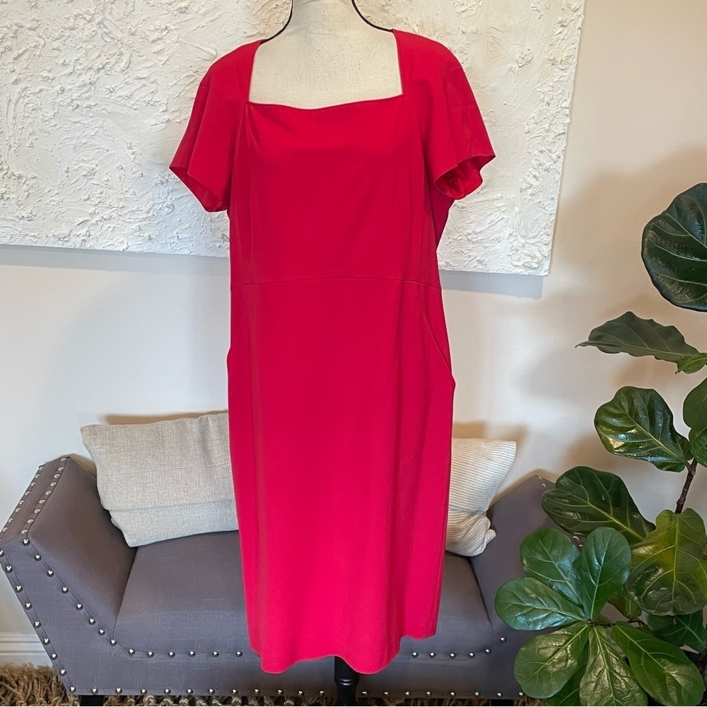 LAFAYETTE 148 Sheath Square Neck Dress Red Womens Wool Classic Elegant Sz 14 NWT